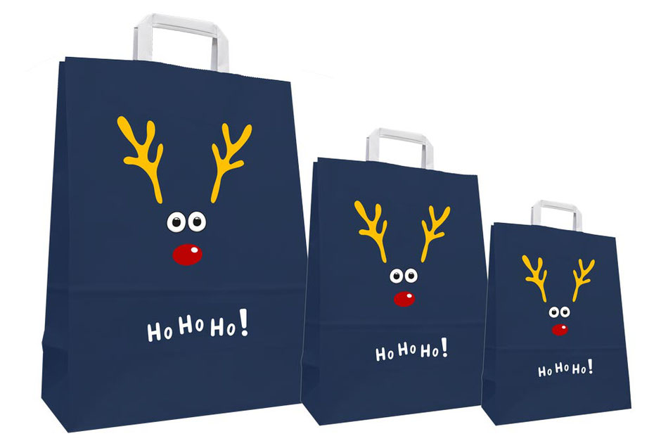 Weihnachtstüten Ho Ho Ho in blau mit Rentier Geweih in gelb roter Nase und schwarz weißen Augen bedruckt