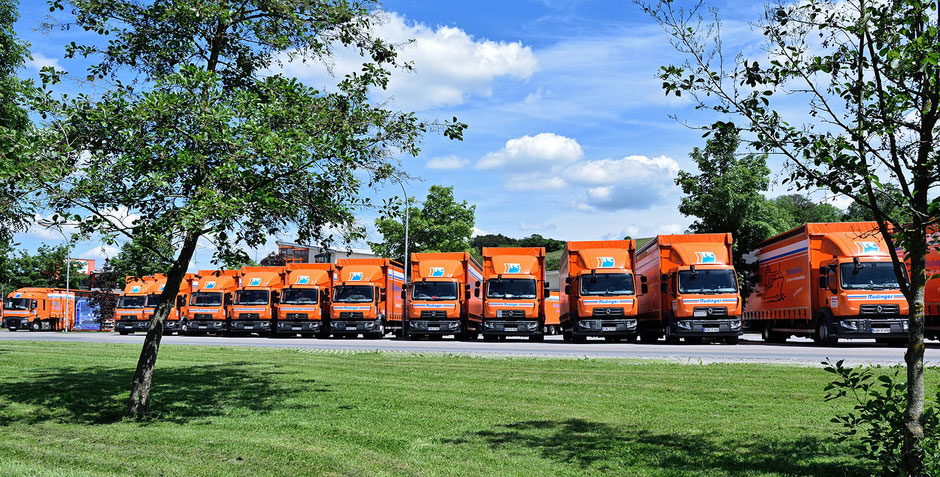 Zwölf Rüdinger Lkw stehen nebeneinander vor einer Wiese mit Bäumen.