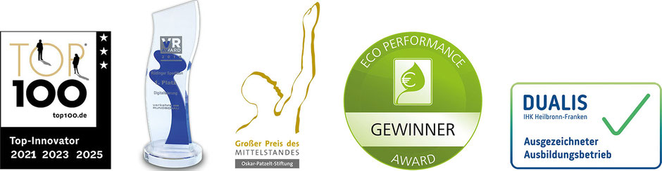Fünf Auszeichnungen sind nebeneinander aufgereiht: 1. TOP100-Innovator 2021, 2023 und 2025, 2. VR Award, 3. Großer Preis des Mittelstandes, 4. Eco Performance Award, 5. DUALIS Auszeichnung