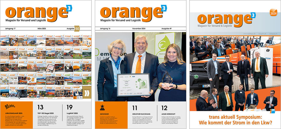 Drei „Orange³“ sieht man als Titelblätter nebeneinander.