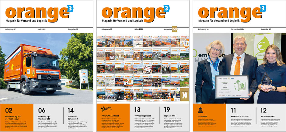 Drei „Orange³“ sieht man als Titelblätter nebeneinander.