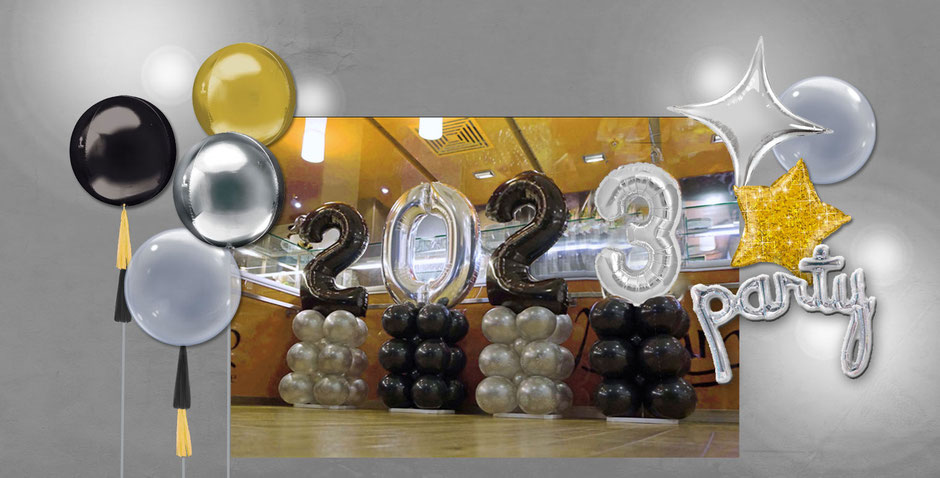 Ballondeko Orbz Bubble Folienballon Stern party Schriftzug 2023 Silvester Neujahr  Silvesterparty Feier Ballon Luftballon schwarz silber gold Glitzer Tassel Dekoration 