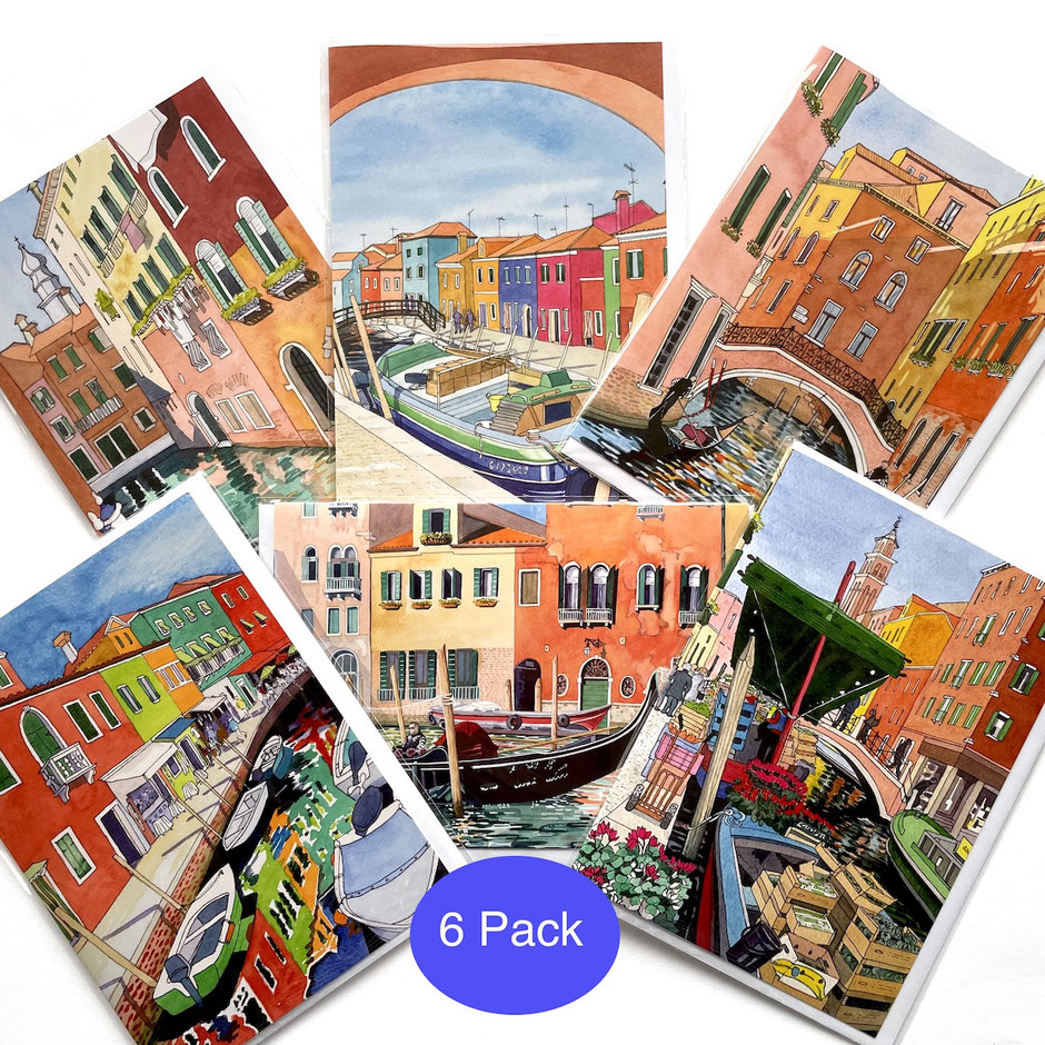 greetings card pack with colourful scenes of Venice