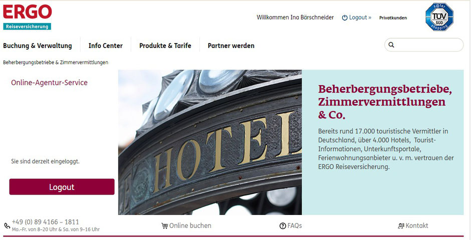 Screenshot von der Homepage der ERGO Reiseversicherung für Vertriebspartner