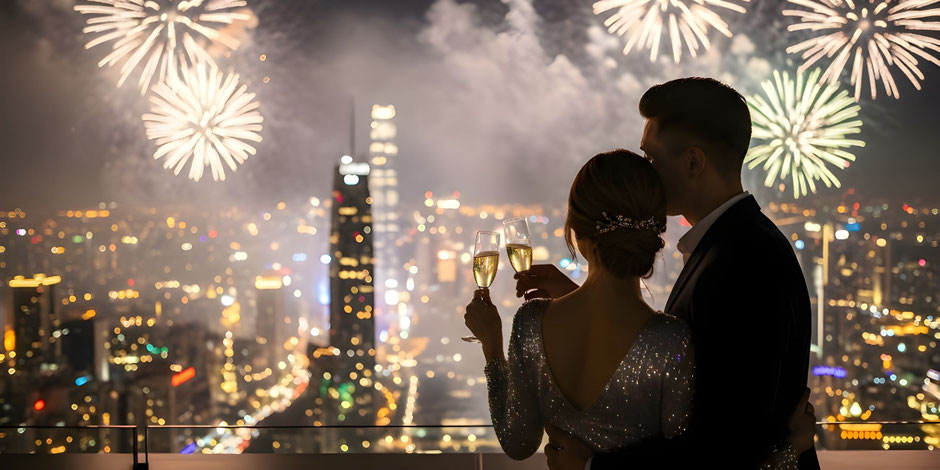 Menschen feiern Silvesterreise mit Feuerwerk – abgesichert mit Reiseschutz