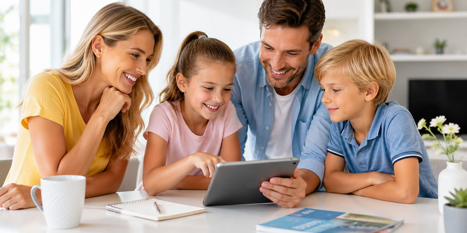 Familie informiert sich über eine Jahres-Reiserücktrittsversicherung für gemeinsame Urlaube und allein reisende Kinder.