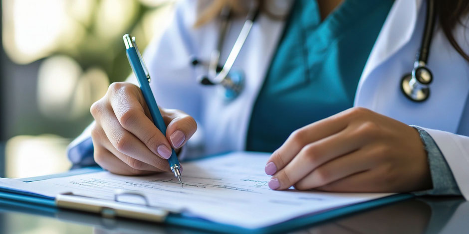 Arzt übergibt Patientin ein Attest zur Reiseunfähigkeit – Nachweis für Reiserücktrittsversicherung