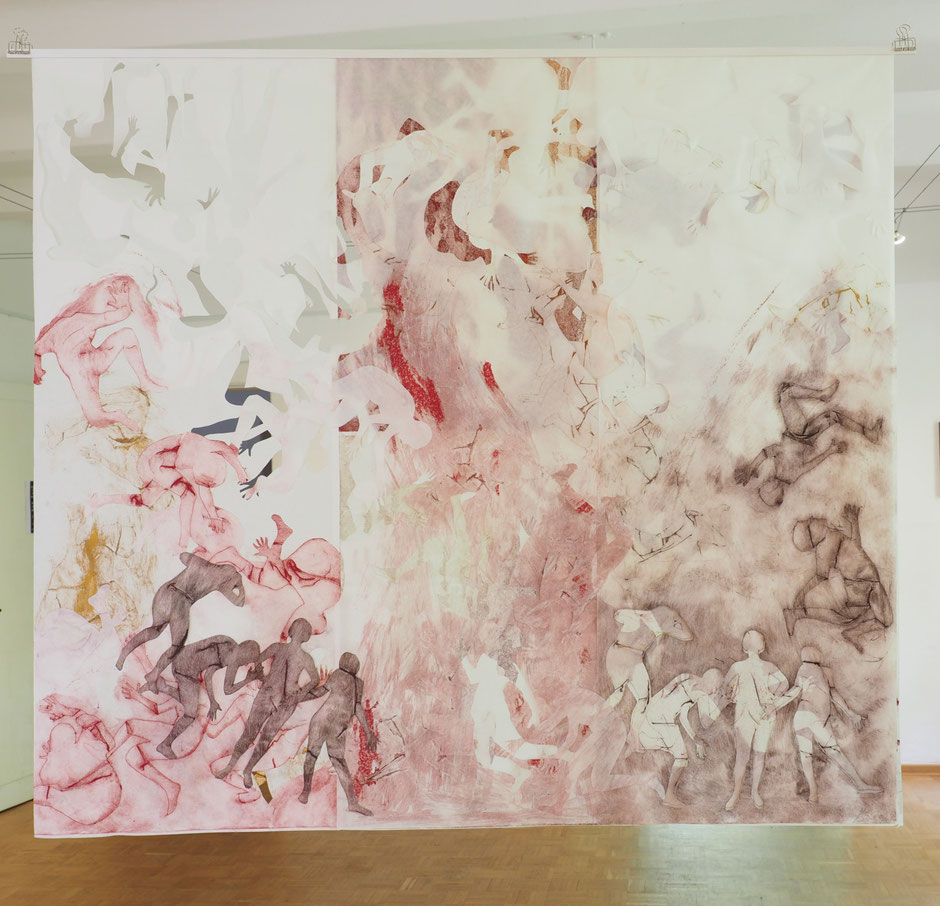 Höllensturz, Reliefdruck auf Whenzu Chinapapier, Papierschnitt, 120 x 132 cm, 2022, Rückseite