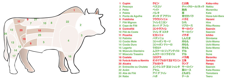 牛肉の部位名称　左からポルトガル語 - ポルトガル語読み - 日本語 - 日本語 ローマ字表記