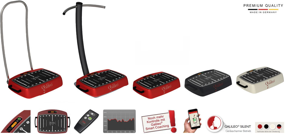Galileo Vibrationsplatte S 35, in schwarz, rot, weiß - mit Rollenbügel oder T-Ständer, Wobbel-Fernbedienung, Galileo Training App
