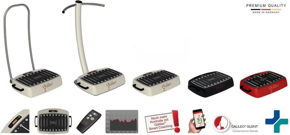 Vergrößern: Klick. Galileo Med 35 in weiß, schwarz oder rot. Option: Rollenbügel oder T-Ständer. Inklusive Wobbelfunktion, Smartcoaching, Galileo Therapy App, Silentfunktion und Medizinproduktezulassung