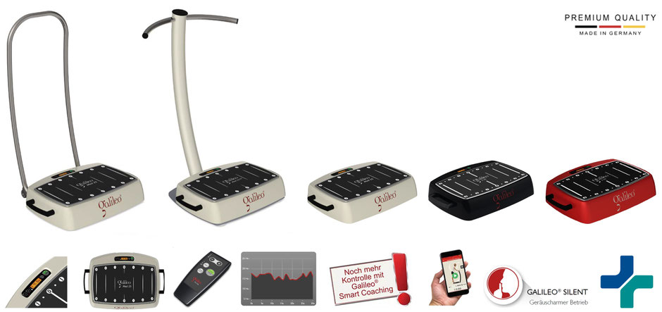Galileo Med 25 TT in weiß, schwarz, rot. Option: Rollenbügel, T-Ständer. Inklusive Wobbelfunktion, Smartcoaching, Galileo Therapy App, Silentfunktion und Medizinproduktezulassung