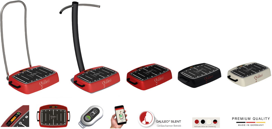 Galileo Vibrationsplatte S 25 in schwarz, rot, weiß - mit Rollenbügel oder T-Ständer, Fernbedienung, Galileo Training App
