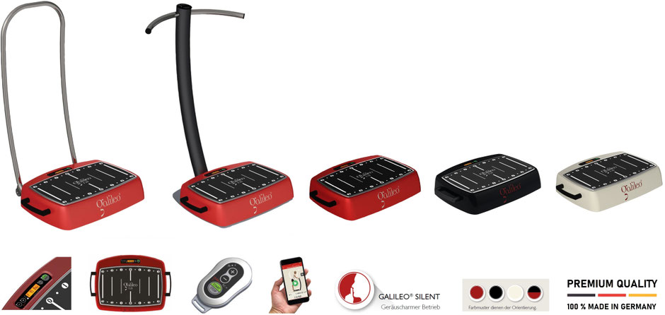 Galileo Vibrationsplatte S 25 in schwarz, rot, weiß - mit Rollenbügel oder T-Ständer, Fernbedienung, Galileo Training App
