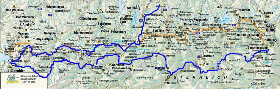 Die Route von München nach Bregens, dann quer durch die Alpen zum Königsee