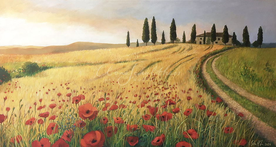 Landschaftsgemälde, Toscana, Weizenfeld, Abendstimmung, Licht, Mohnblumen