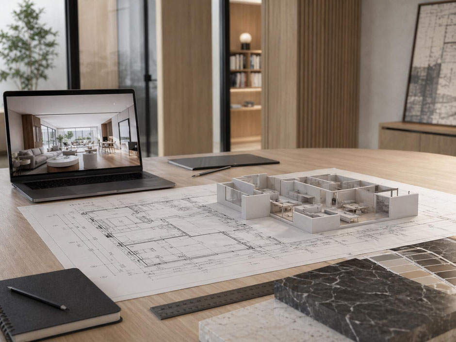 Plan d’aménagement intérieur avec maquette 3D, ordinateur portable, plans techniques et échantillons de matériaux sur une table de conception