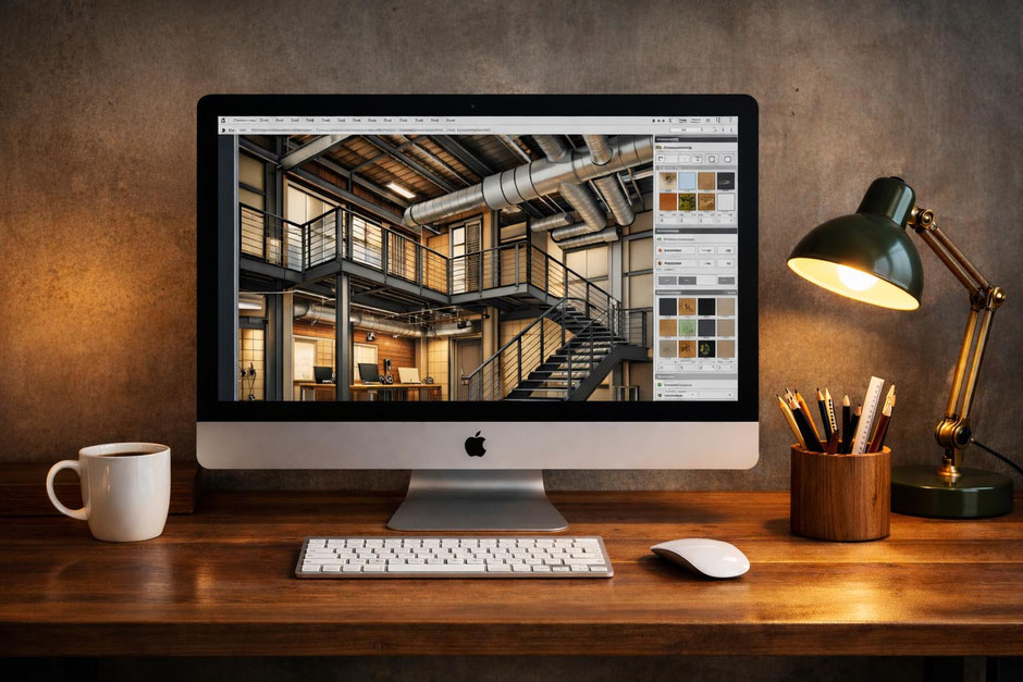 Écran d’ordinateur affichant une visualisation 3D d’un espace intérieur de style industriel avec logiciel de conception sur un bureau de travail