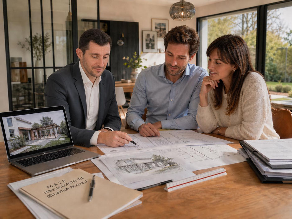 Architecte d’intérieur présentant à un couple un projet d’extension avec plans, visuel sur ordinateur et dossier de déclaration préalable