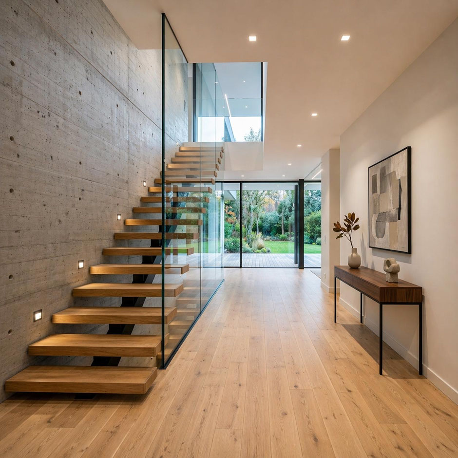 Entrée de maison contemporaine avec escalier suspendu en bois, paroi vitrée, mur en béton brut et grande ouverture sur le jardin
