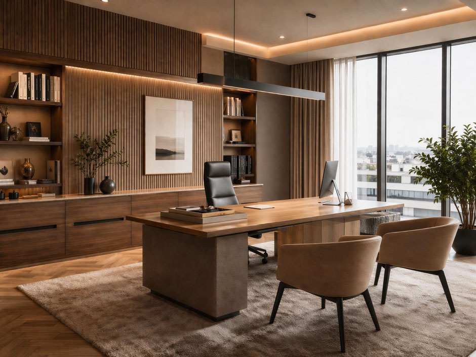 Bureau de direction haut de gamme avec mobilier en bois, habillage mural à lattes, grandes baies vitrées et espace d’accueil élégant