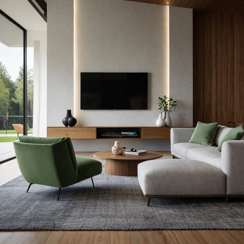 Salon contemporain avec meuble TV mural, habillage bois, canapé d’angle clair et fauteuil vert dans une ambiance élégante et chaleureuse