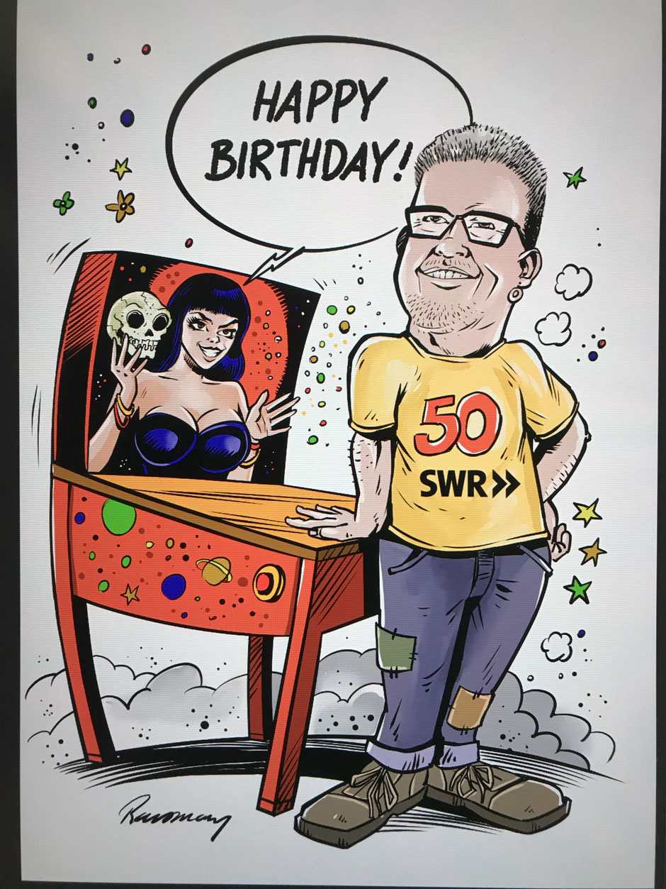 Karikatur für einen runden Geburtstag auf Aquarell-Karton, Tusche und Aquarellfarben.