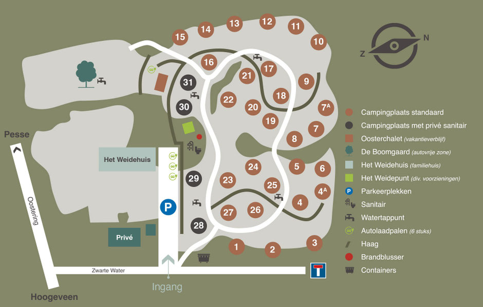 Plattegrond van SVR Camping De Oosterweide in Pesse, Drenthe met kampeerplekken, wandelpaden en voorzieningen