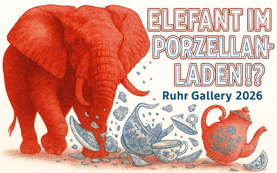 Plakat der Kunstausstellung "Elefant im Porzellanladen !?" in der Stadt Mülheim Autor: Andreas Ingramm für den Mülheimer Kunstverein KKRR