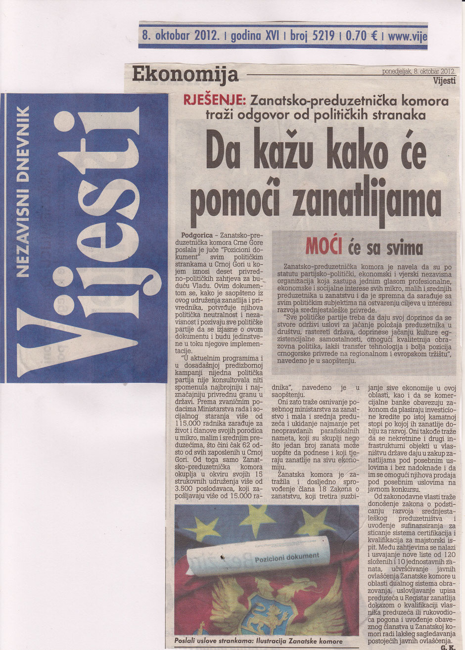 Pozicioni dokument zanatstva Crne Gore Izbori 2012.