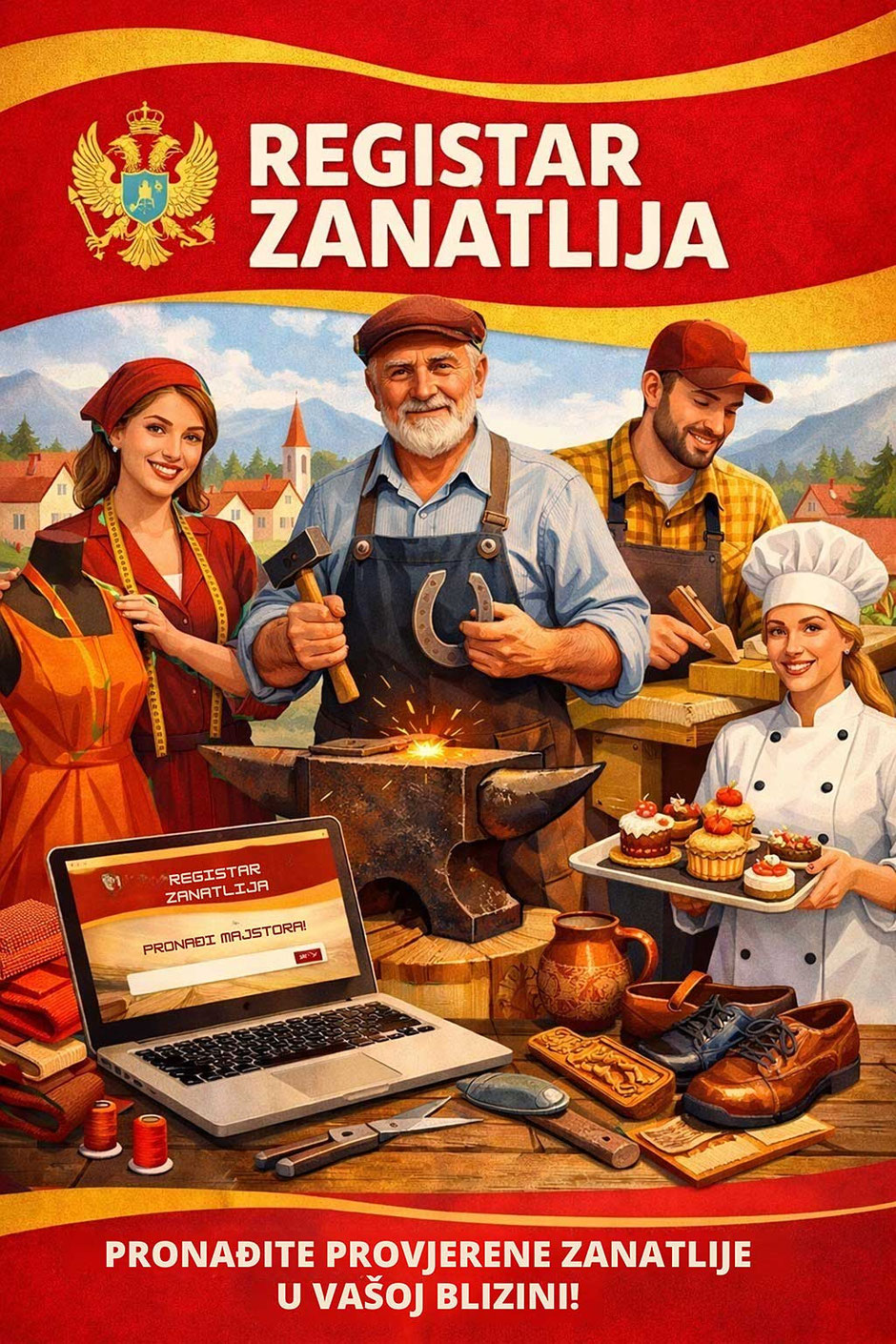 Fotografija sa naslovom „Registar zanatlija: Pronađite provjerene zanatlijie u Vašoj blizini“, prikazuje nekoliko zanatlija s alatima u boji crnogorske zastave