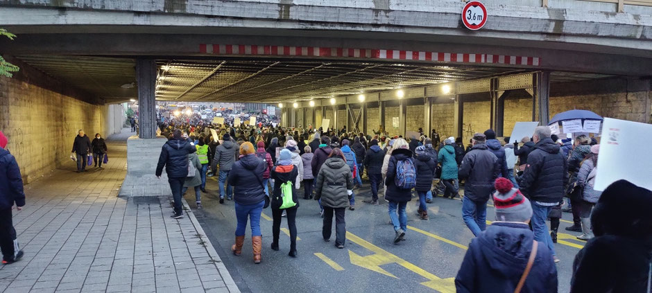 Demonstrierende in Fürth auf der Anti-Corona-Demonstration laufen durch einen Tunnel.