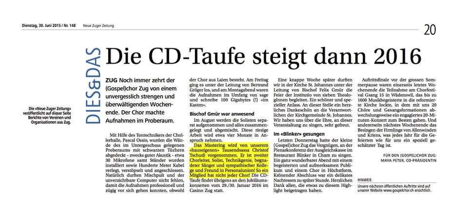 Neue Zuger Zeitung am 30.6.15