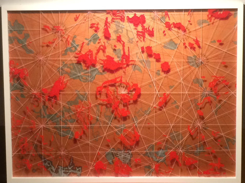 Maritime in red, copper and patinated copper. 60 x 80 cm, with a black hardboard background and two panes of acrylic glass, individualized with glass colors.