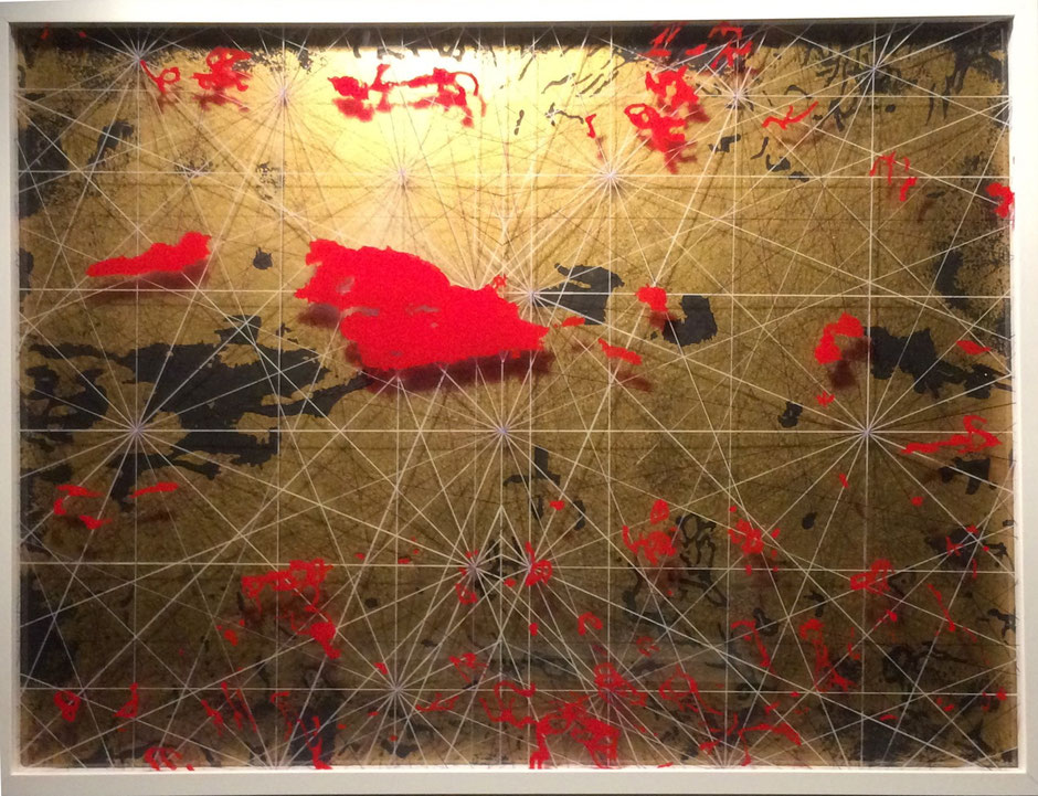 Maritime in red, golf and black. 60 x 80 cm, with a black hardboard background and two panes of acrylic glass, individualized with glass colors.