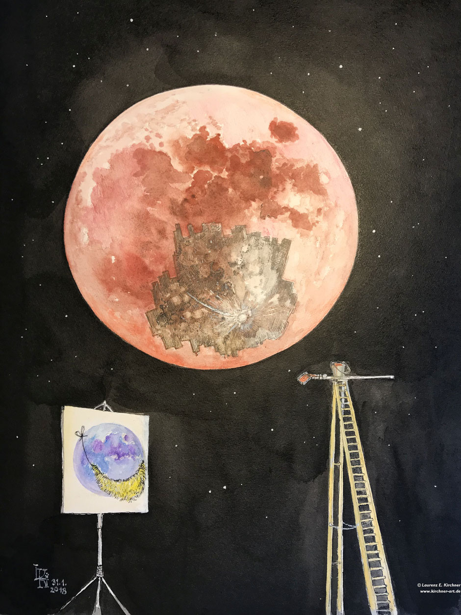 Super-Blau-Blutmond - Aquarell: 46 x 34 cm