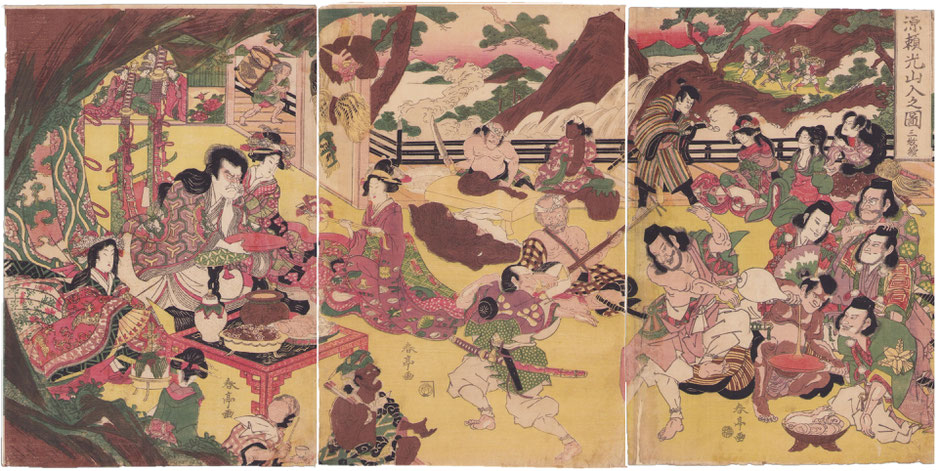 浮世絵販売｜東京　武者絵　継古堂　春亭「源頼光山入之図」 Japanese woodblock prints for sale, Keikodo Gallery, Katsukawa Shuntei, Minamoto no Yorimitsu and his retainers drinking sake with Shutendoji at Mount Oe, triptych, ukiyo-e, warrior print