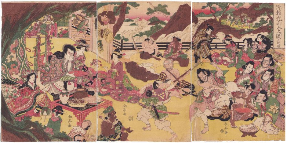浮世絵販売｜東京　武者絵　継古堂　春亭「源頼光山入之図」 Japanese woodblock prints for sale, Keikodo Gallery, Katsukawa Shuntei, Minamoto no Yorimitsu and his retainers drinking sake with Shutendoji at Mount Oe, triptych, ukiyo-e, warrior print