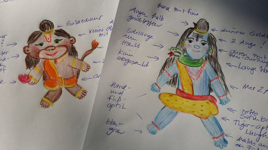 Die einzigen Skizzen von Claudia zu den Kuschelgöttern :D - aus diesen Bildern sind Hanuman und Shiva entstanden