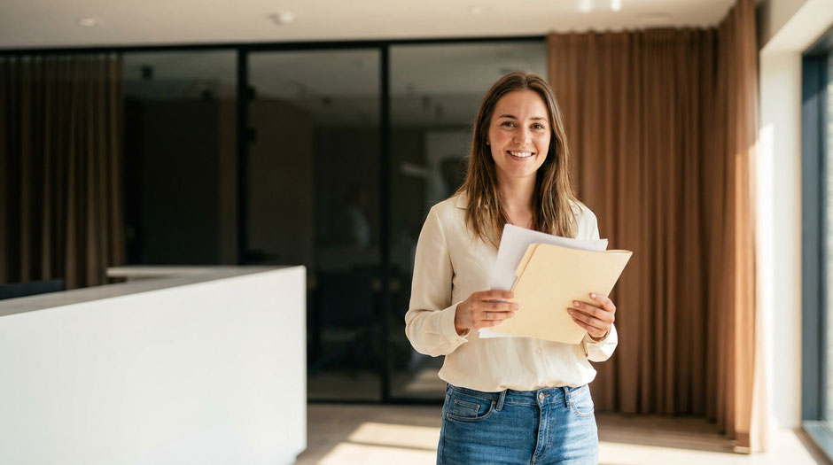 Eine junge Frau steht lächelnd im Büro, so wie die gesuchte Assistenz bei der Finanzberatung von Eloquent Invest, Melanie Schneider