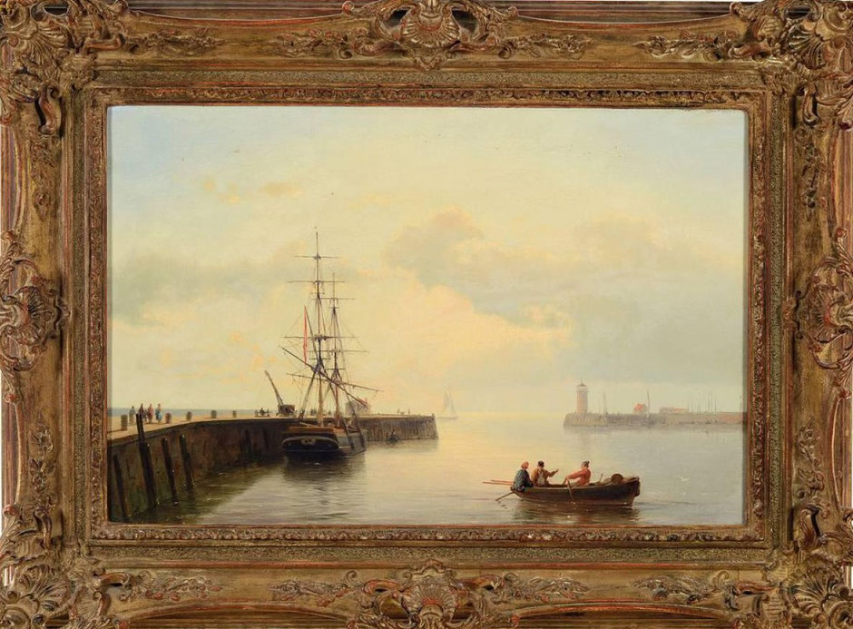 te_koop_aangeboden_een_schilderij_met_havengezicht_van_de_nederlandse_marine_schilder_hermanus_koekkoek_I_1815-1882  