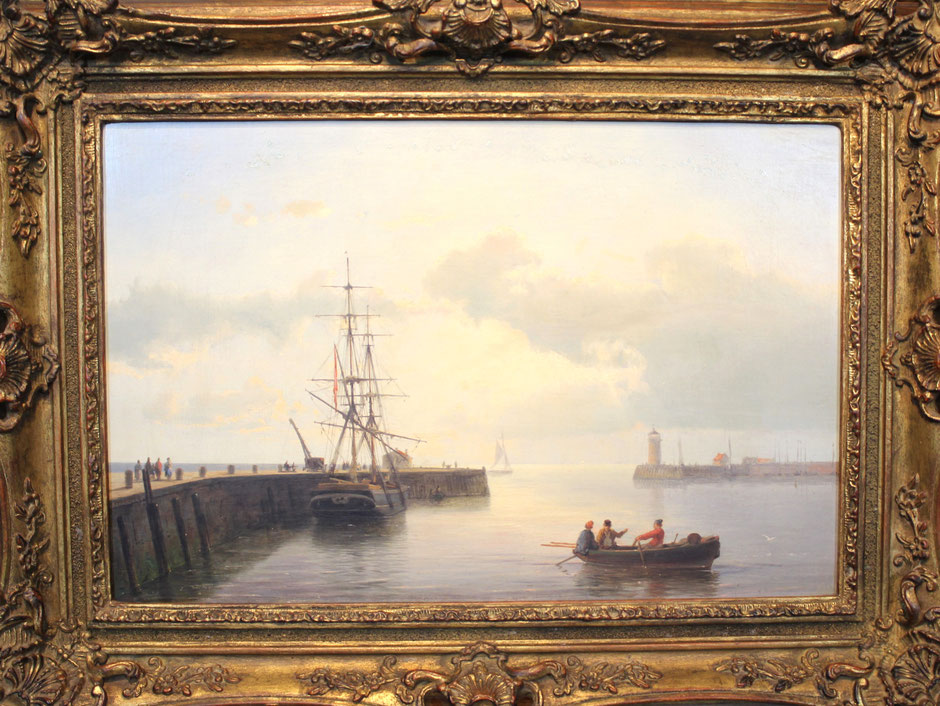 te_koop_aangeboden_een_schilderij_met_havengezicht_van_de_nederlandse_marine_schilder_hermanus_koekkoek_I_1815-1882 