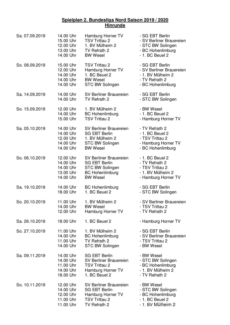 TSV Trittau II: Spielplan der 2. Bundesliga Saison 2019 ...
