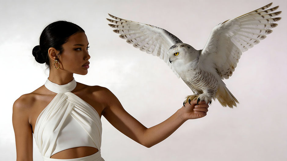 A young beautiful black woman with a bridal dress and bridal jewelry  is holding a snowy owl in her hands