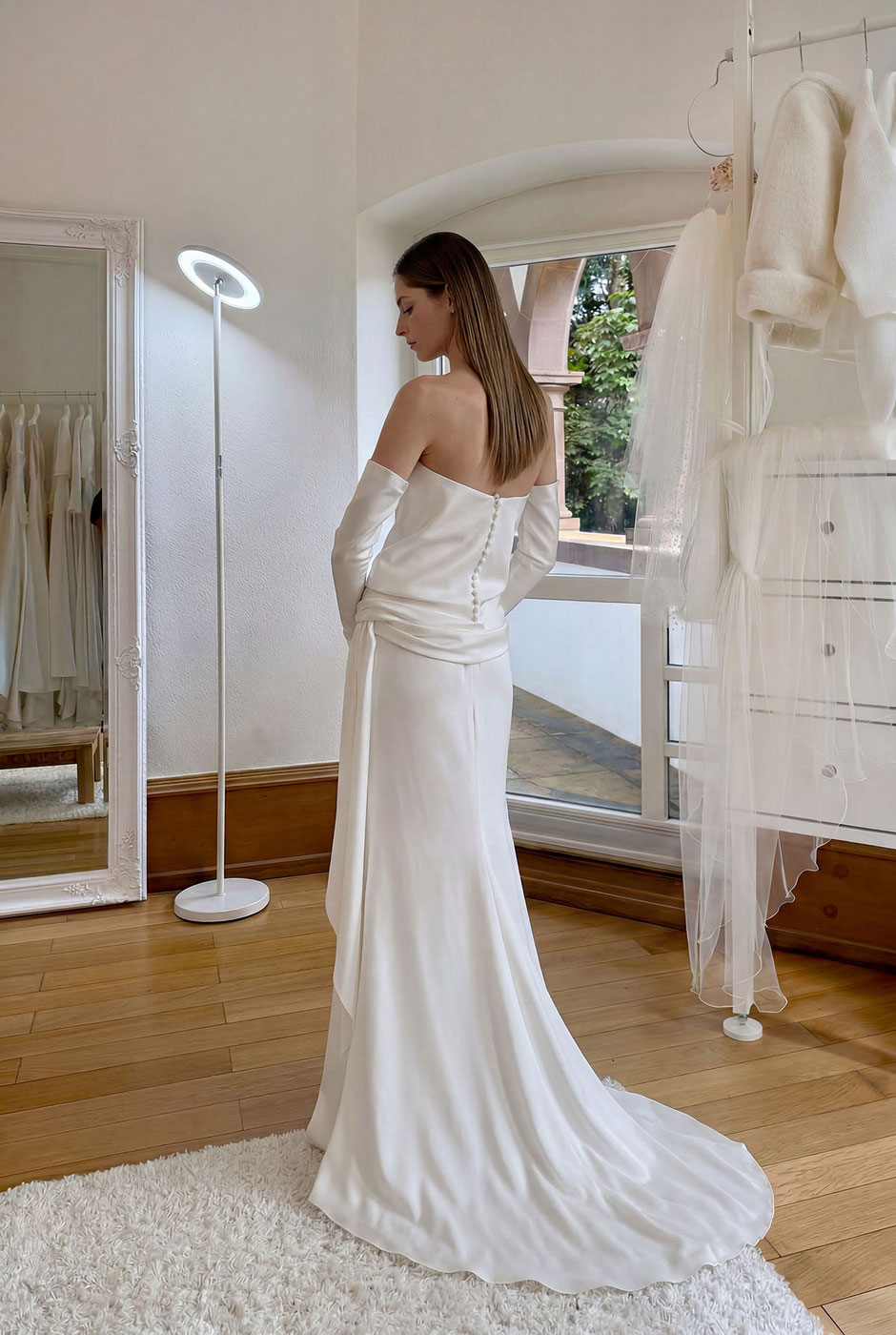 A young model with a Jesus Peiro bridal dress posing in the bridal room of Brautmoden Schwarzwald