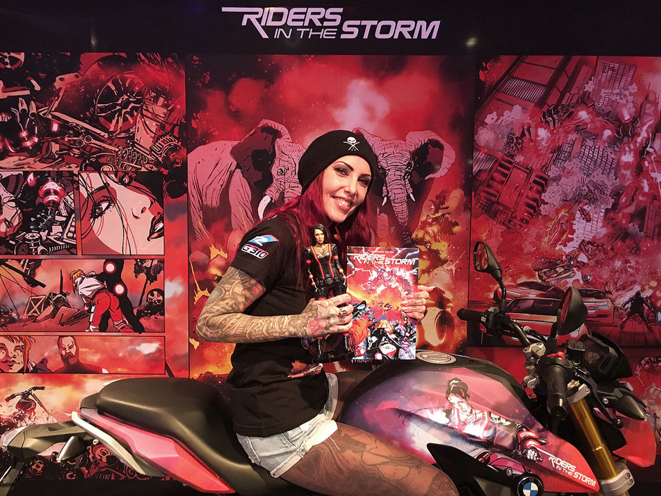 Tattoo Model Makani Terror in Riders in the Storm drawn by Riccardo Burchielli on the BMW G 310 R at the BMW Pavillon