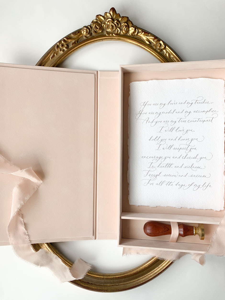 Box for wedding invitations lined with seychelle velvet and foil pressed logo