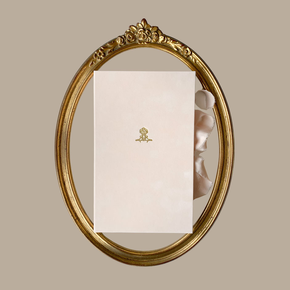 Box for wedding invitations lined with seychelle velvet and foil pressed logo