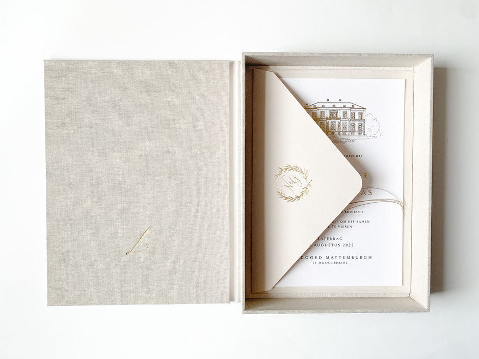 Box with a fitted lid for wedding invitations, lined with flax linen, closed with a silk ribbon and foil pressed logo