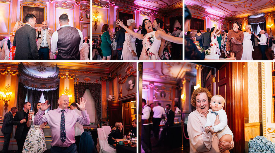 colourful photographs of guests dancing and enjoying a wedding party.
